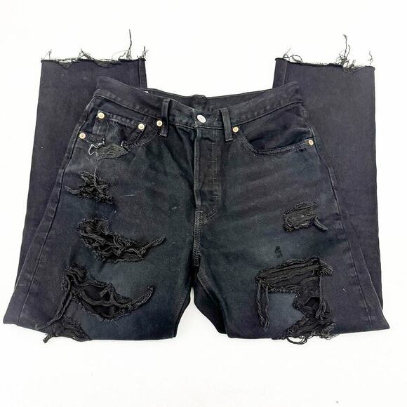 Levi's 501 Ripped Black Denim Jeans Button Fly Raw Hem Size 27 x 26 - Picture 4 of 9